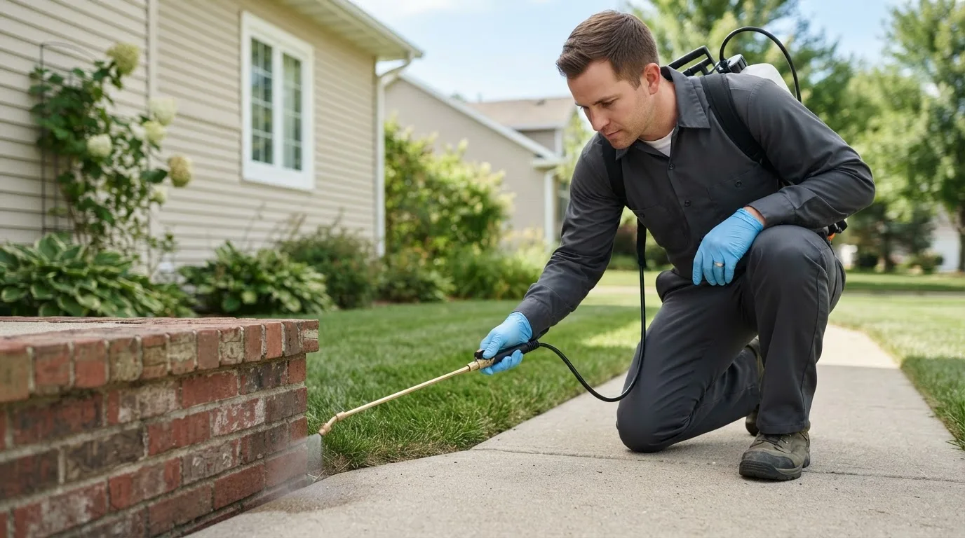 Pest control technician treating a home near South Haven, KS